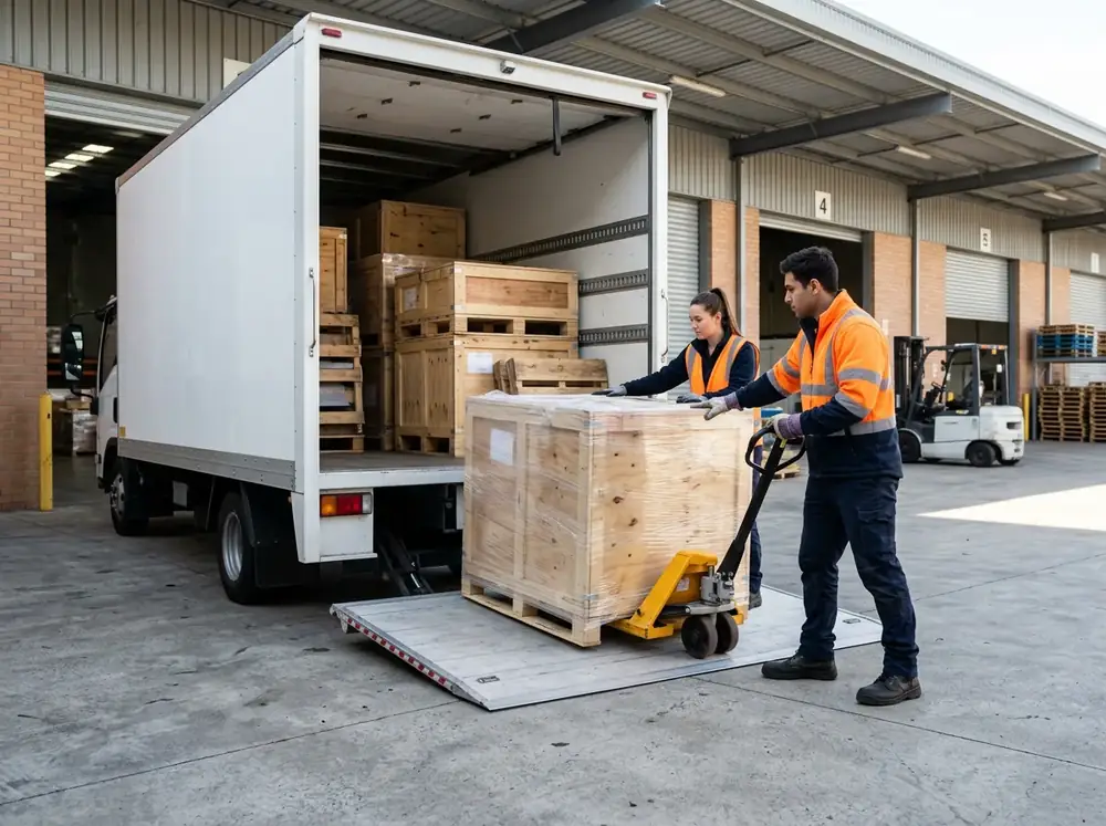 Furniture crates being loaded onto a truck with a liftgate