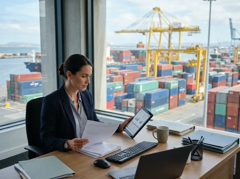 Customs specialist reviewing import documents