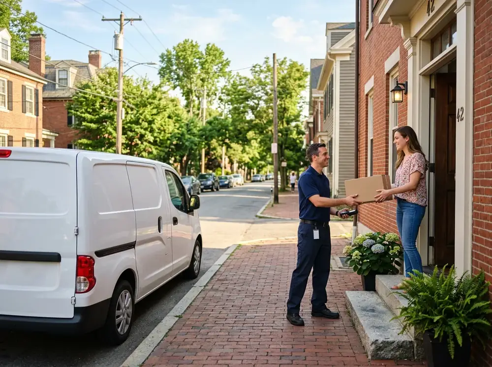 Delivery driver handing over a shipment at a front door