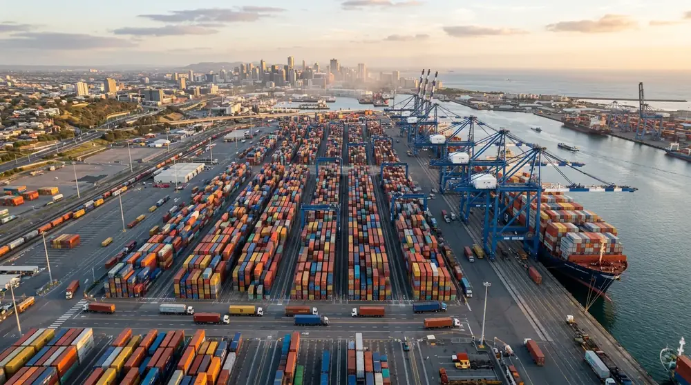 Shipping containers stacked at a container port