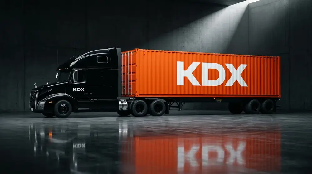Truck carrying an orange shipping container